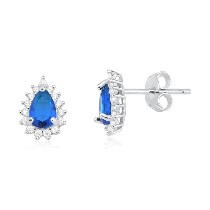 Brinco Ponto de Luz Gota Azul Cravejado de Prata